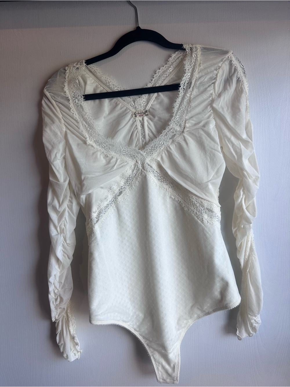 Free People Ivory Lace-Trim Long Sleeve Bodysuit